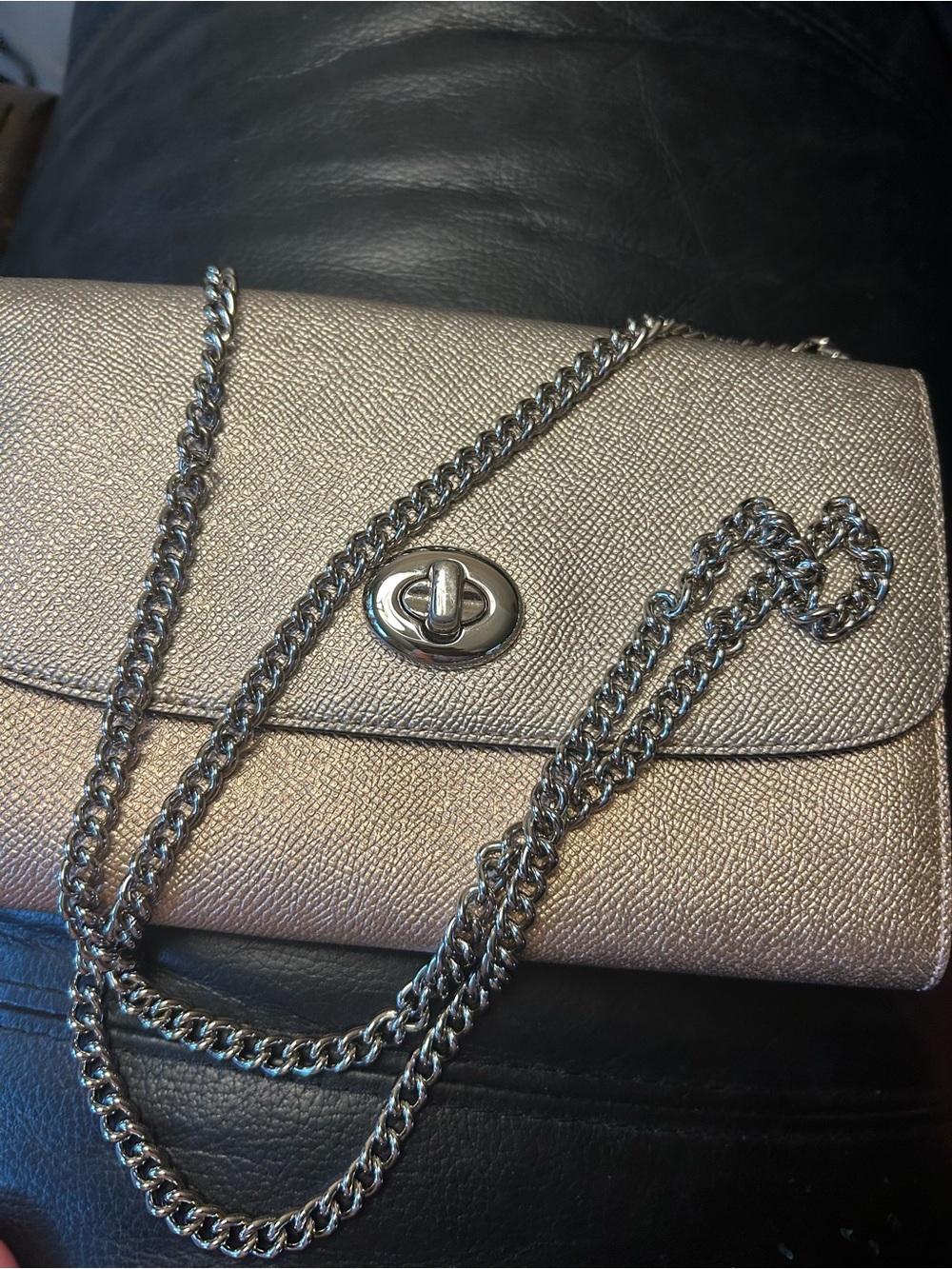Coach Metallic Silver Chain Crossbody Bag with Turn-Lock Closure